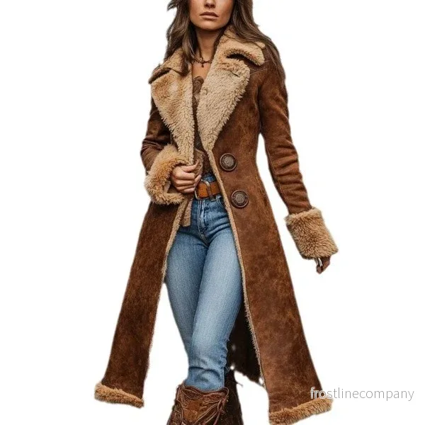 Lyxig Western Kappa Dam Lång Vintage - Varm Denim Kappa med Fuskpäls Brun Beige - Bild 2