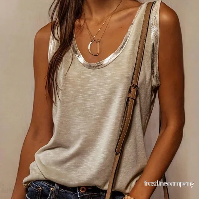 Lyxig Linne Topp Dam med Guldkant – Casual Tank Top Scoop Neck Grå Beige Sommar