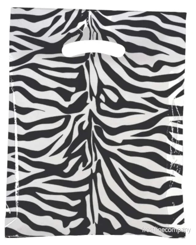 Plastpåse med zebramönster, förp. med 100 st., 50 micron, B 39 x D/BF 8 x H 45 cm, förstärkta handtag