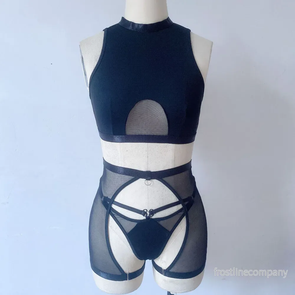 Underklädesset Dam 3-delar Mesh - BH Topp med Hög Hals - Mjuk Bralette Rosa Blå Svart - Bild 3
