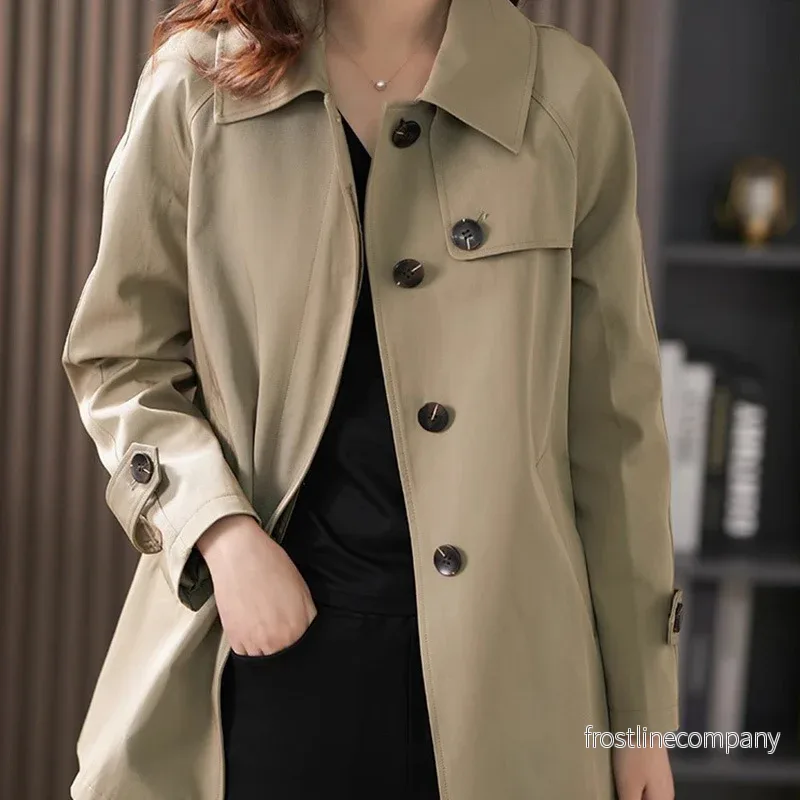Trenchcoat Dam Kort Brittisk Stil – Vårkavaj Khaki Loose Fit