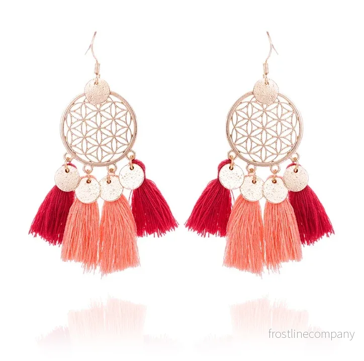 Dreamcatcher Örhängen med Tofs – Boho Tassel Earrings – Guld – 7,5cm