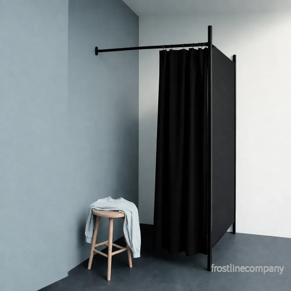 1-sidigt provrum. Set med stomme i svart, inkl. 1 gardin i svart, tygsidor i svart. B 100 x D 100 x H 210 cm. 1-sidigt provrum. Set med stomme i svart, inkl. 1 gardin i svart, tygsidor i svart. B 100 x D 100 x H 210 cm.