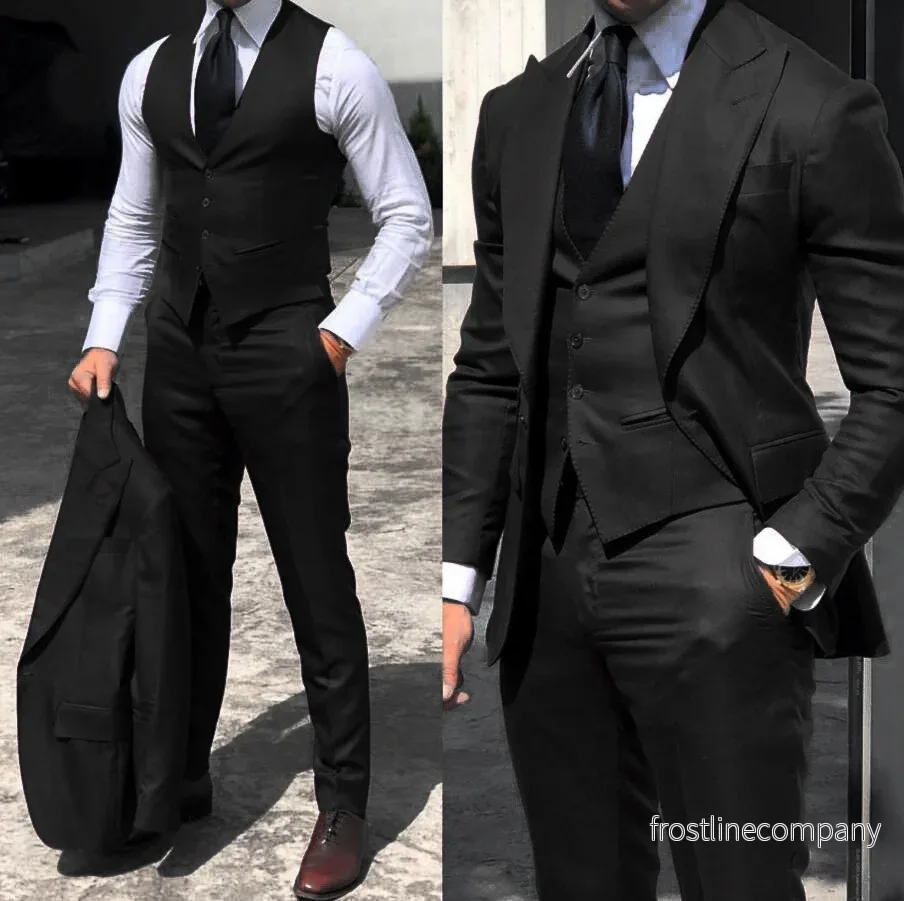 Kostym Herr 3-delad Slim Fit Svart - Kavaj Väst Byxa Bröllop - Bild 2