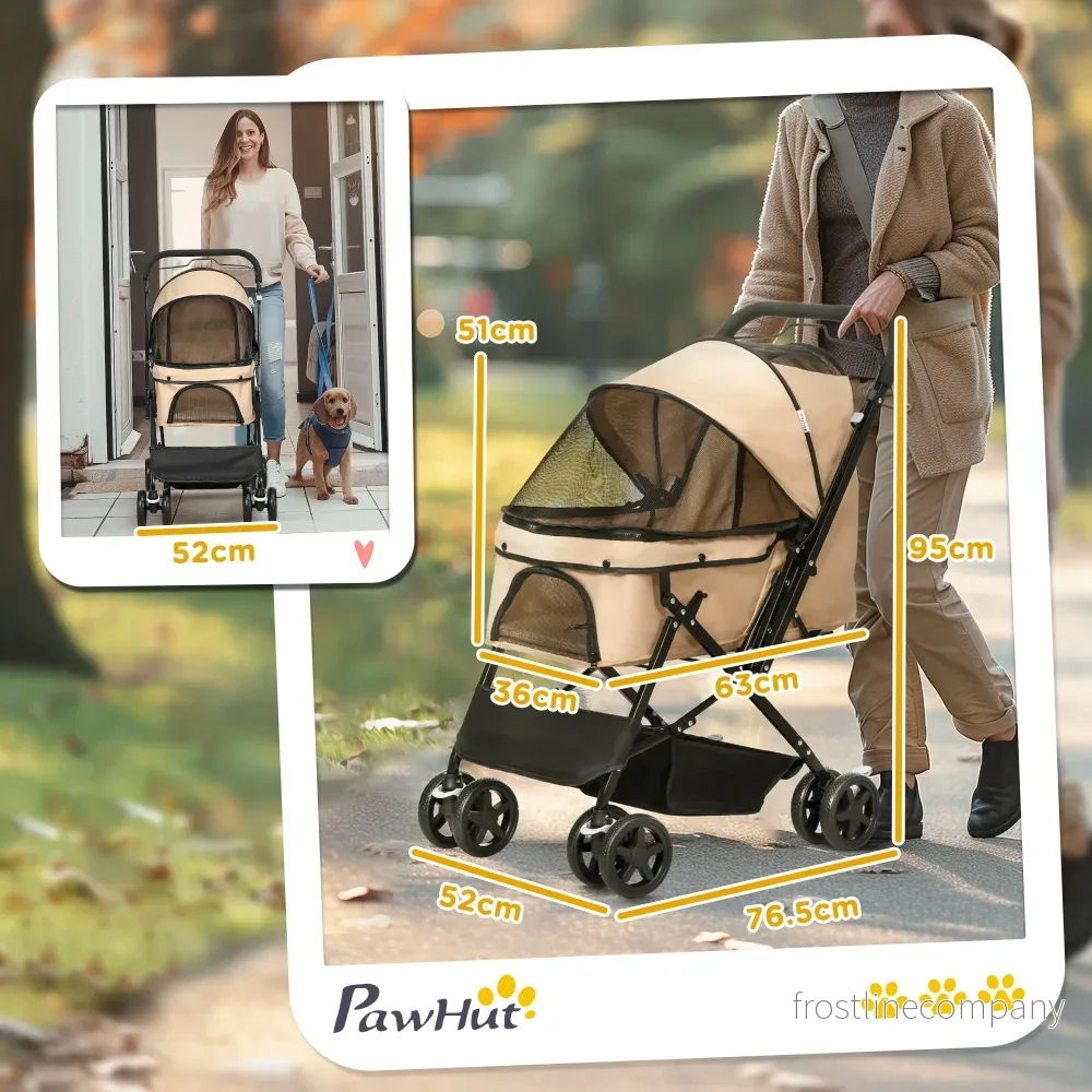 Djurvagn Hundvagn Kattvagn - Hopfällbar Pet Stroller - 4-hjul - Ljusbrun - Upp till 10kg - Bild 2