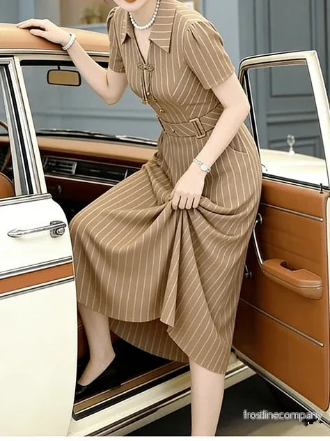 Midi Klänning Dam - Randig Skjortklänning med Bälte - Vintage Sommarklänning med Kort Ärm - Khaki - Bild 3