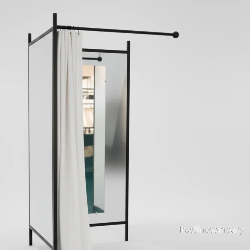2-sidigt provrum. Sæt med stel i sort, inkl. 1 forhæng i hvid, plade i hvid. B 100 x D100 x H 210 cm. 2-sidigt provrum. Sæt med stel i sort, inkl. 1 forhæng i hvid, plade i hvid. B 100 x D100 x H 210 cm.