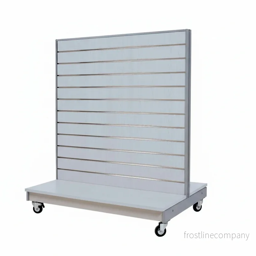 Dubbelsidig gondol med rillpanel i aluminiumfärgat metallstativ. Vit, B 120 x H 135 cm. Rillavstånd: 10 cm