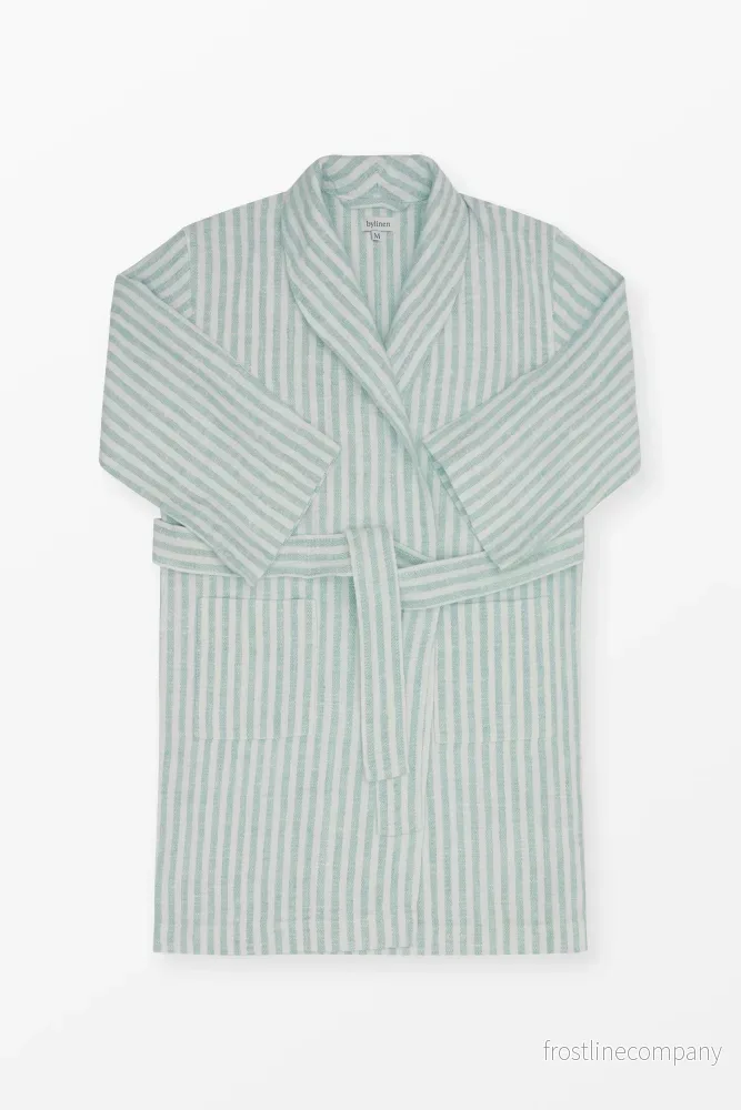 Kids Linen Bathrobe Candy Stripe Turquoise