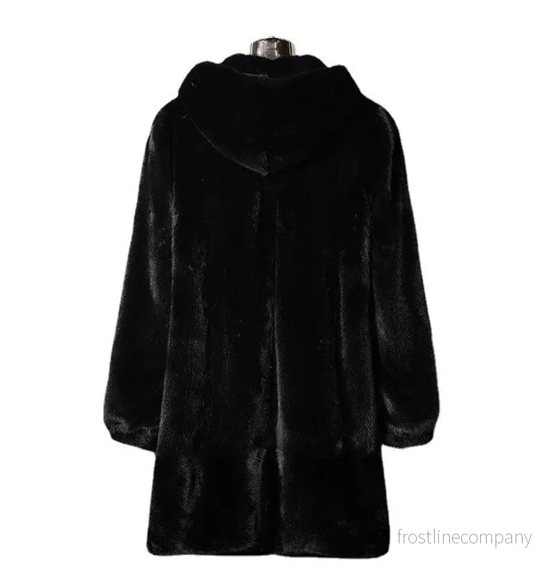 Pälsjacka Dam Fuskpäls med Huva - Elegant Kappa Svart Brun S-9XL - Bild 3