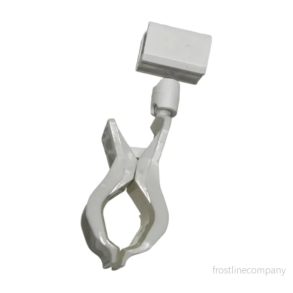 Clear Grip skylthållare i vit plast – med clips till plastram, H9 cm