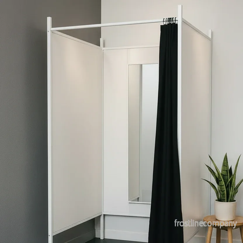 3-sidig provrum. Set med stel i vitt, inkl. 1 draperi i svart, platta i vitt. B 100 x D 100 x H 210 cm. 3-sidig provrum. Set med stel i vitt, inkl. 1 draperi i svart, platta i vitt. B 100 x D 100 x H 210 cm.