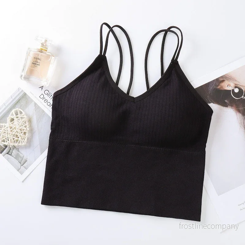 Bralette Dam Ribbad - Cropped Top med Dubbla Tunna Band - BH Top utan Bygel med Pads - Grön, Svart, Vit, Korall - Free Size - Bild 2