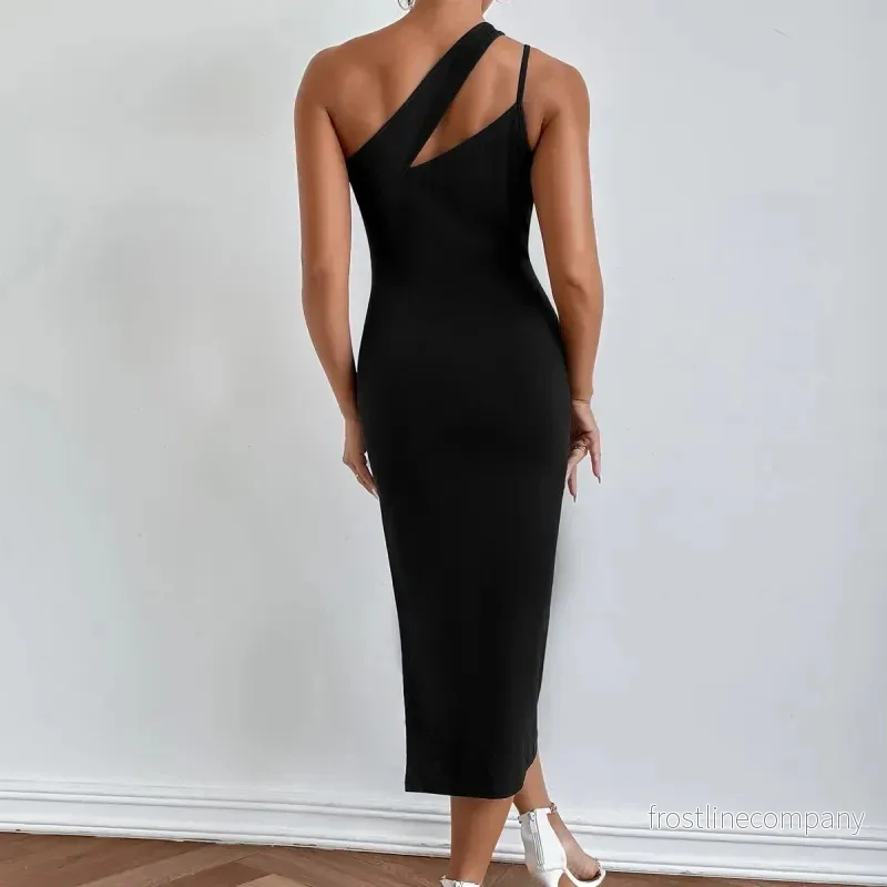Elegant Svart One-Shoulder Midi Klänning med Slits – Festklänning Dam - Bild 3