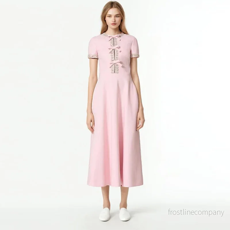 Klänning Dam Rosa Rosett Strass – A-linje Lång Hög Midja S-XL