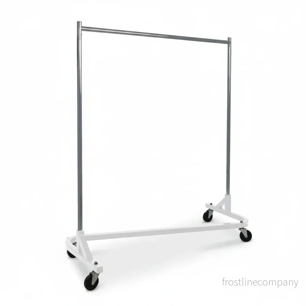 Z-stativ, krom/vit bas, 155 x 54 x H173 cm, 100 mm hjul i hård plast Z-stativ, krom/vit bas, 155 x 54 x H173 cm, 100 mm hjul i hård plast