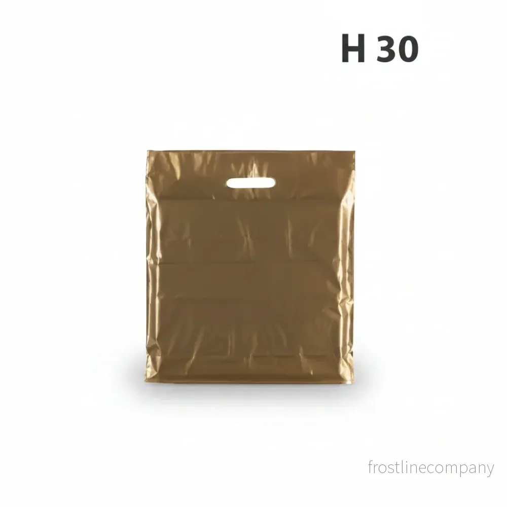 Plastpåse, liten, guld, förp. med 100 st., 35 micron, B 25 x D/BF 6 x H 30 cm, förstärkta handtag