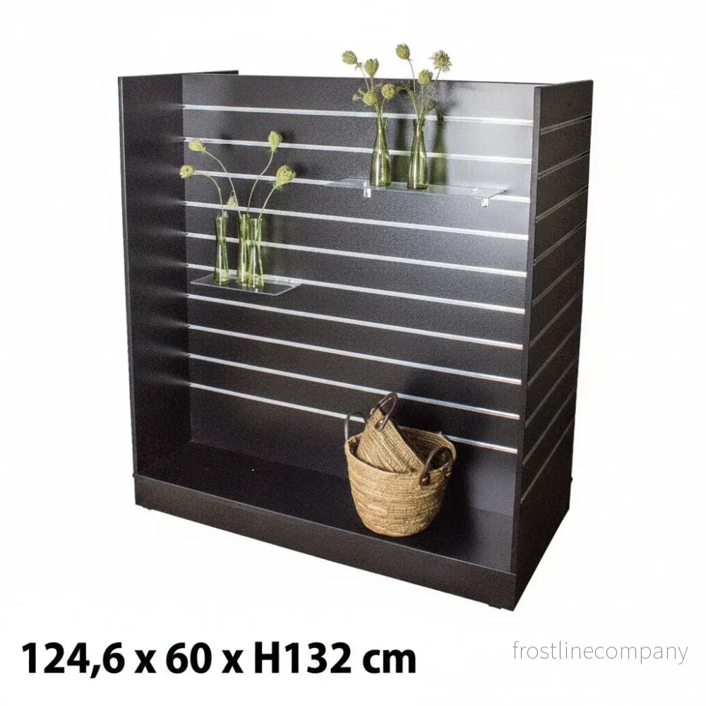 H-gondol, svart, med 10 cm rillavstånd, 124,6 x 60 x H132 cm inkl. hjul