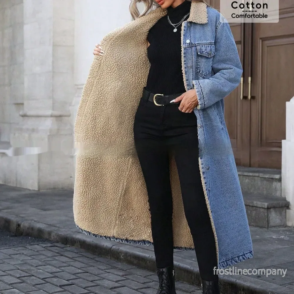 Lyxig Lång Jeansjacka med Fuskpälsfoder - Ljusblå Damjacka - Bild 3
