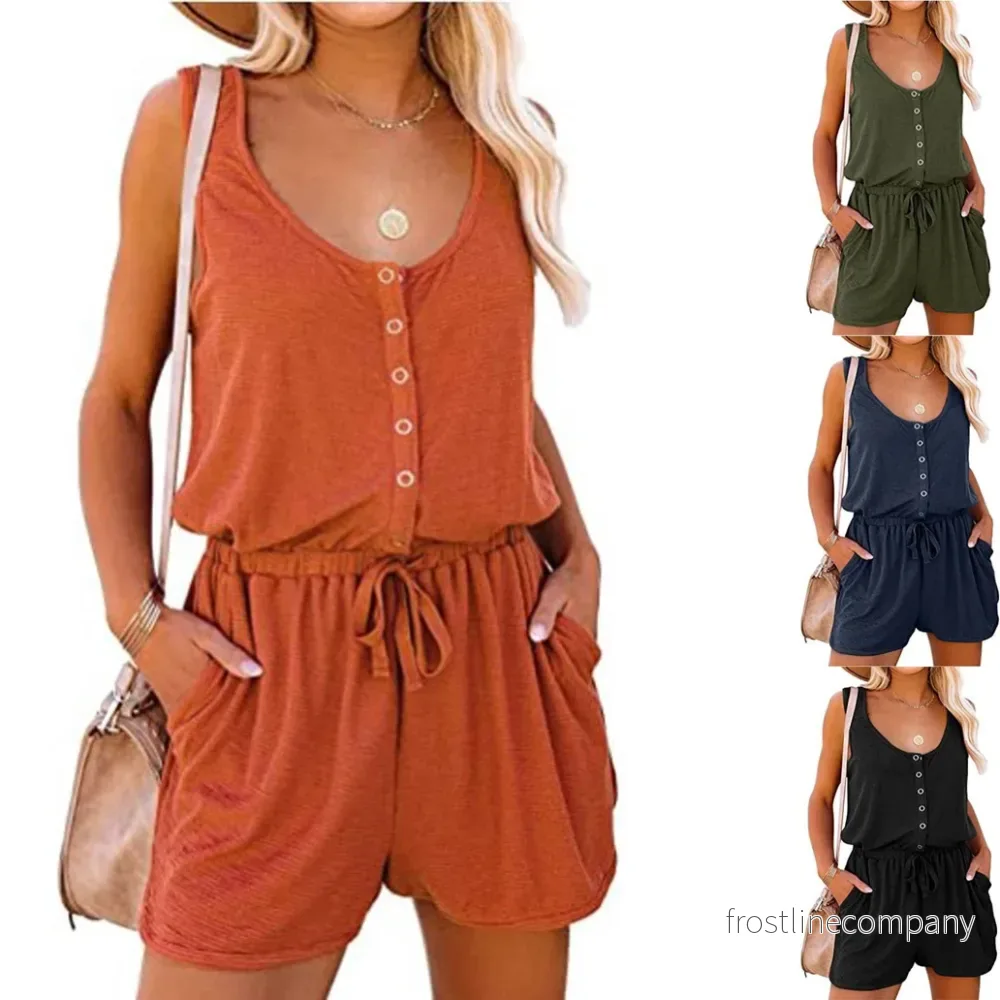 Ärmlös sommarjumpsuit för dam – Kort playsuit med knappar och midjebälte Ärmlös sommarjumpsuit för dam – Kort playsuit med knappar och midjebälte