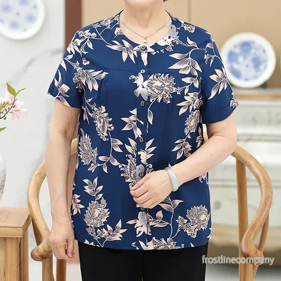 Blommig Blus Dam Kortärmad – Elegant Sommarblus med Knappar – Mjuk Bomullsblus för Äldre – Blå, 6 Mönster – M till 4XL