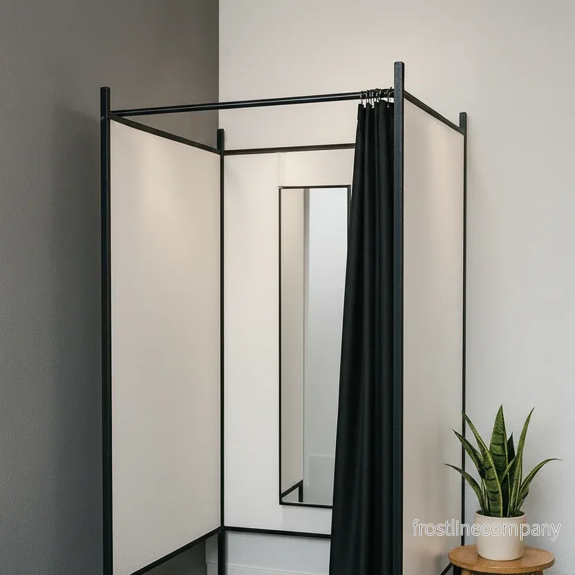 3-sidig provrum. Sæt med stel i svart, inkl. 1 gardin i svart, skiva i vitt. B 100 x D 100 x H 210 cm. 3-sidig provrum. Sæt med stel i svart, inkl. 1 gardin i svart, skiva i vitt. B 100 x D 100 x H 210 cm.