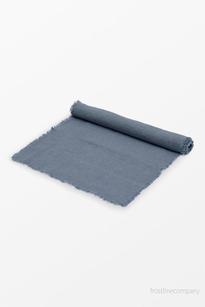 Fringed Linen Table runner Blue