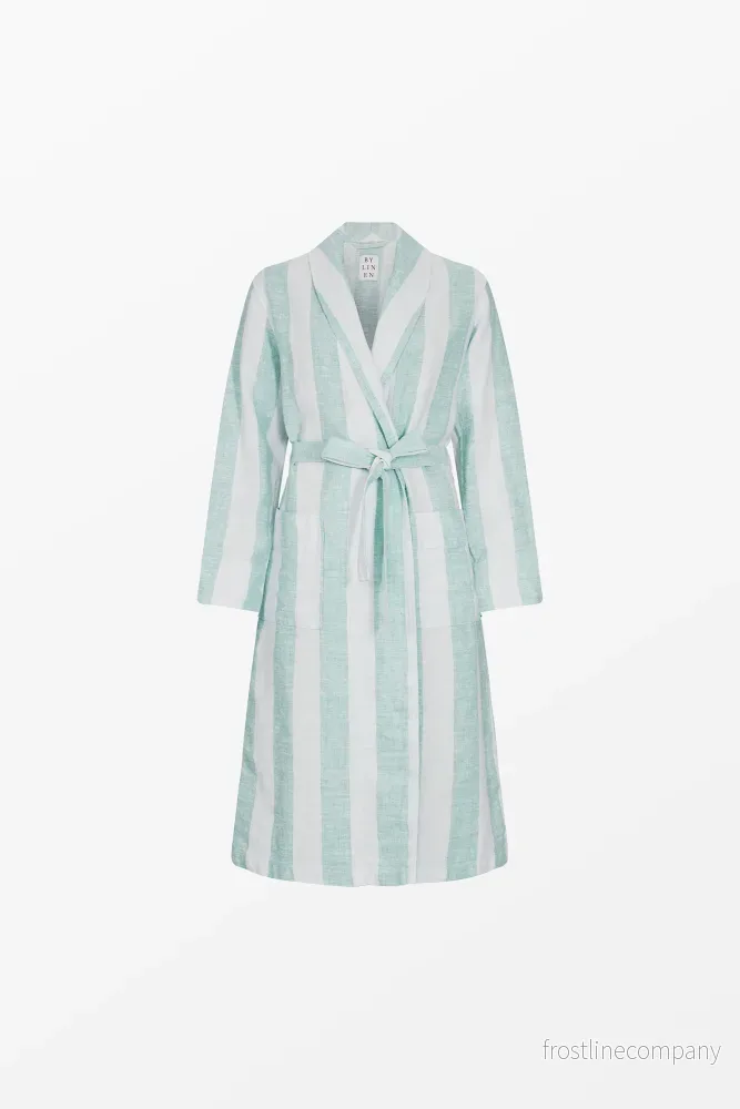 Linen Bathrobe Cabana Stripe Turquoise