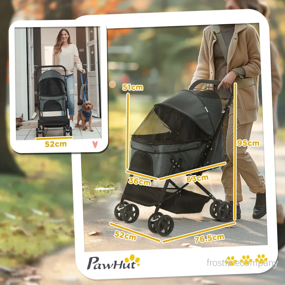 Djurvagn Hundvagn Kattvagn - Hopfällbar Pet Stroller 4-hjul - Grå - Upp till 10kg - Bild 3
