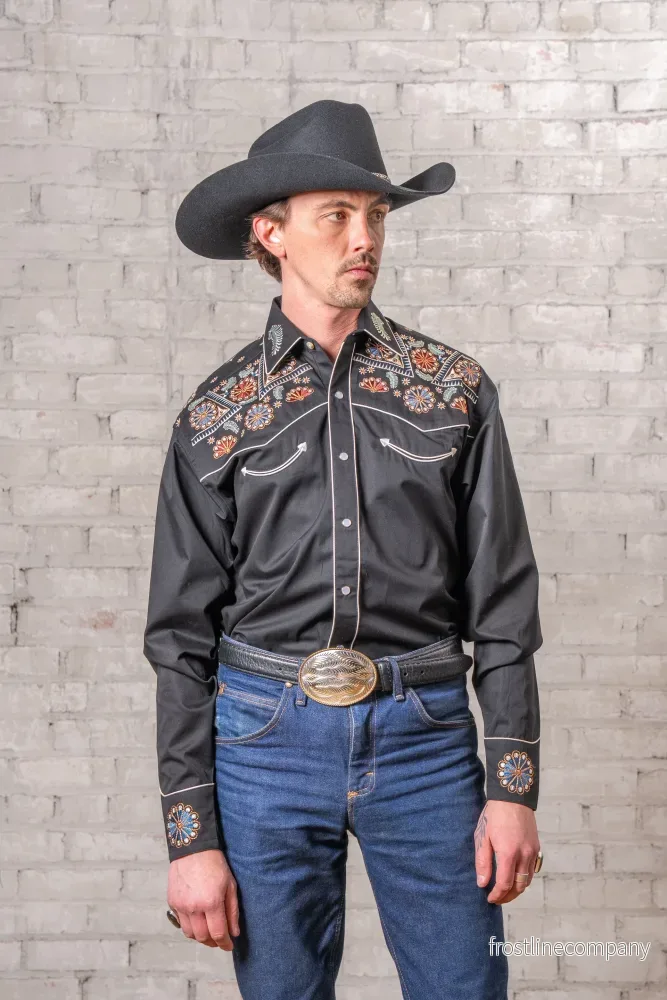 Westernskjorta Vintage Black Floral & Stars Embroidered Rockmount Ranch Wear