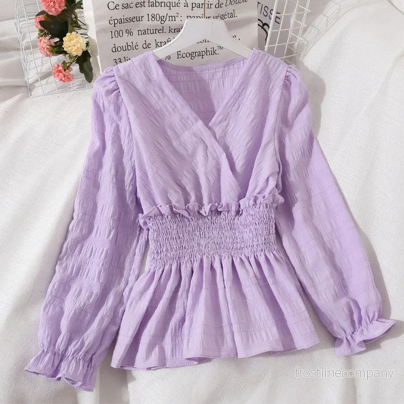 Blus Dam V-hals med Smock och Puffärm – Peplum Blus med Volang och Rynk – Omlottblus med Ballongärm – Lila, Gul, Röd, Vit, Orange – S till XXL