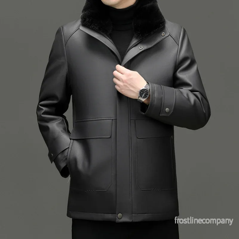 Skinnjacka Herr - Fuskpäls Krage Avtagbar - PU Läder - Lapel - 2 Färger - Bild 3