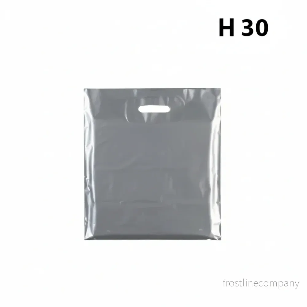 Plastpåse, liten, silver, fp. med 100 st., 35 mikron, B 25 X D/BF 6 X H 30 cm., förstärkta handtag