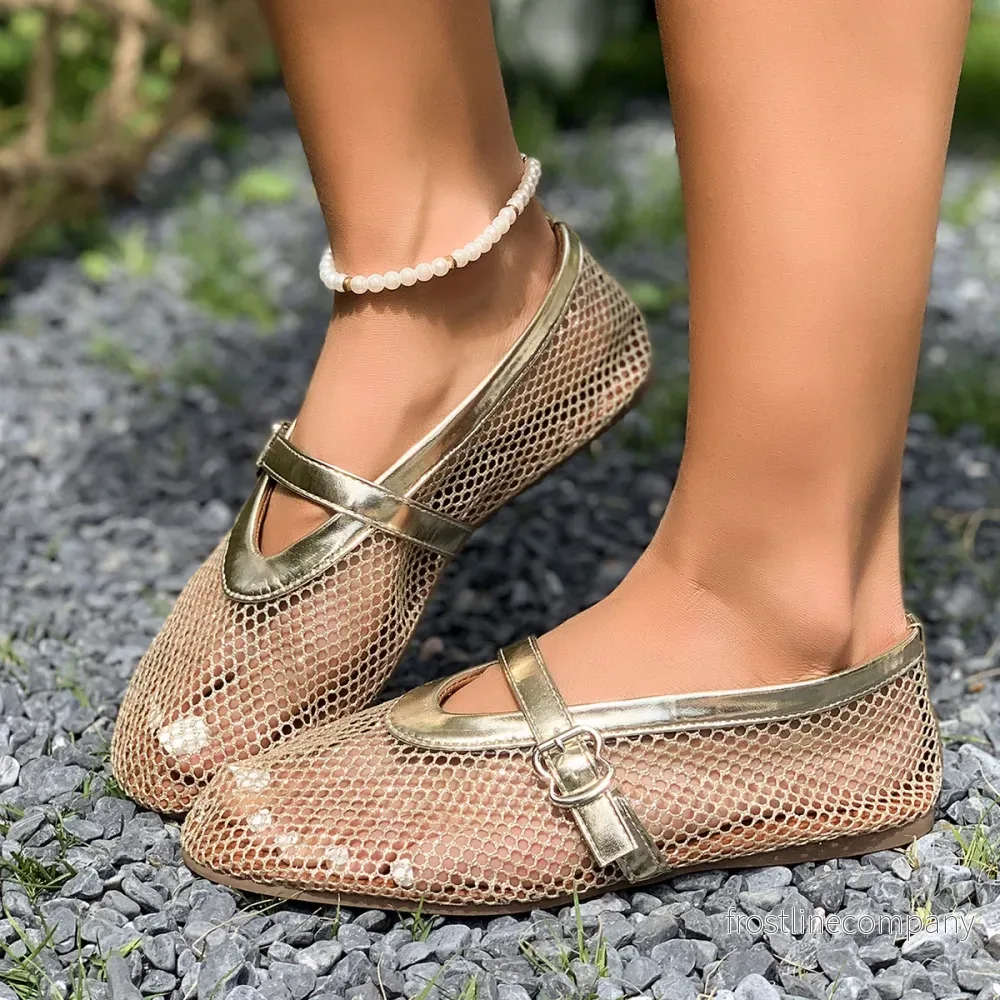 Mesh Ballerina Dam – Mary Jane med Spänne – Nät Ballerina – Lätt Sommarsko – Guld/Svart/Silver – 36-43 Mesh Ballerina Dam – Mary Jane med Spänne – Nät Ballerina – Lätt Sommarsko – Guld/Svart/Silver – 36-43