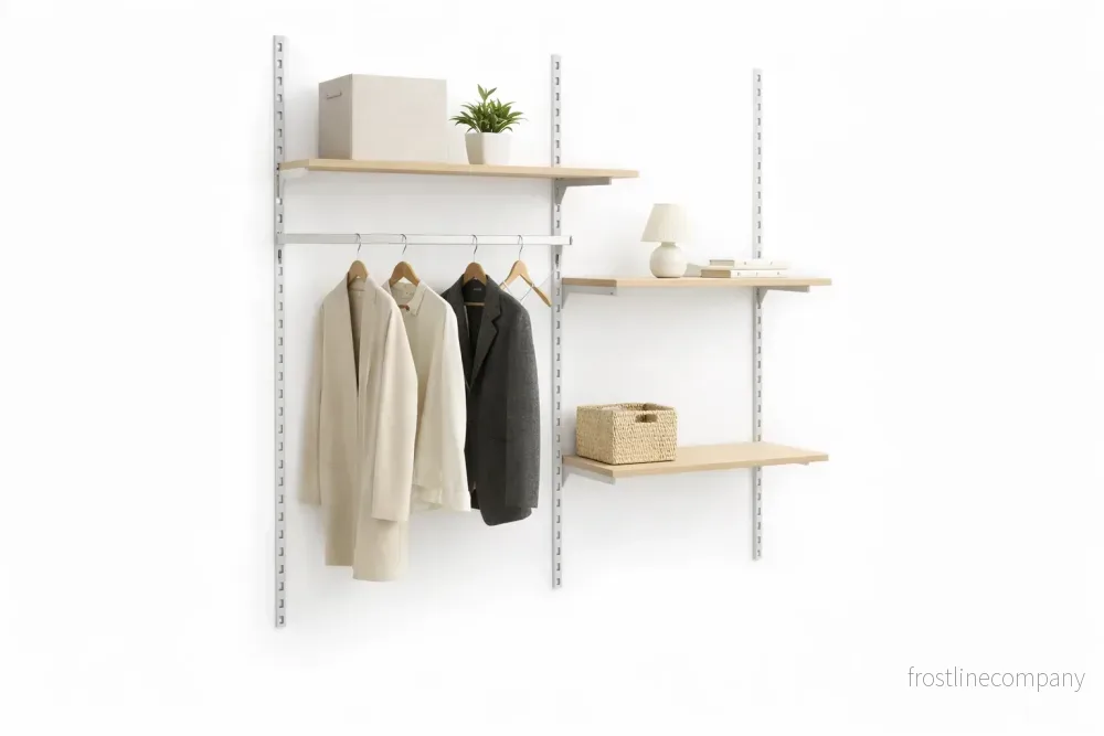 Väggsats med Framework-skenor i vitt, hyllor i bok och klädstång. Mått: ca. 185 x H244 cm. Som visat. Entré, garderob och walk-in. Väggsats med Framework-skenor i vitt, hyllor i bok och klädstång. Mått: ca. 185 x H244 cm. Som visat. Entré, garderob och walk-in.