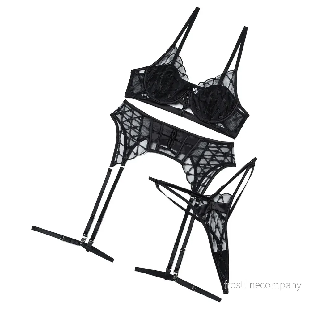 BH Set Dam 5-delar - Svart Mesh BH Set med Strumpeband - Bralette Set i Nät med Hög Midja - BH, Trosa, Strumpebandshållare och Lårband - S till L - Bild 3