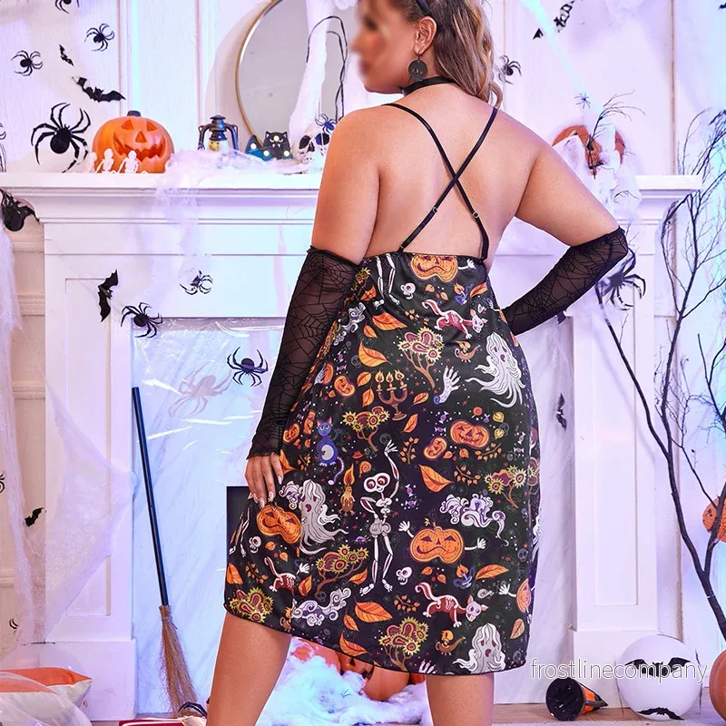 Halloween Klänning Dam Plus Size - Lång Klänning med Slits och Spets - Halloween Dräkt med Spöken, Pumpor och Skelett - Flerfärgad - 1XL till 4XL - Bild 3