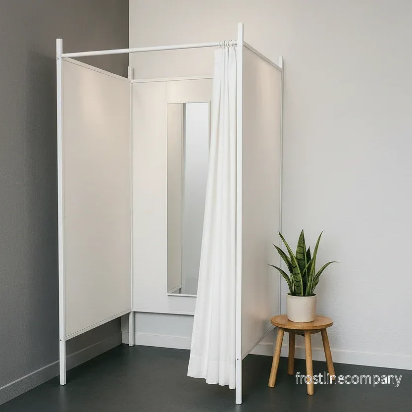 3-sidigt provrum. Sæt med stel i vitt, inkl. 1 draperi i vitt, platta i vitt. B 100 x D100 x H 210 cm. 3-sidigt provrum. Sæt med stel i vitt, inkl. 1 draperi i vitt, platta i vitt. B 100 x D100 x H 210 cm.
