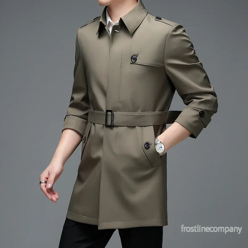 Lyxig Trenchcoat med Bälte i Premium Blandning – Khaki Herrkappa Lyxig Trenchcoat med Bälte i Premium Blandning – Khaki Herrkappa