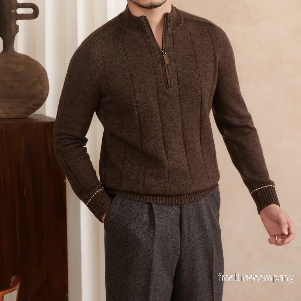 Tröja Herr Half Zip Stå-krage - Varm Ull 30% Slim Fit Retro M-3XL - Bild 2