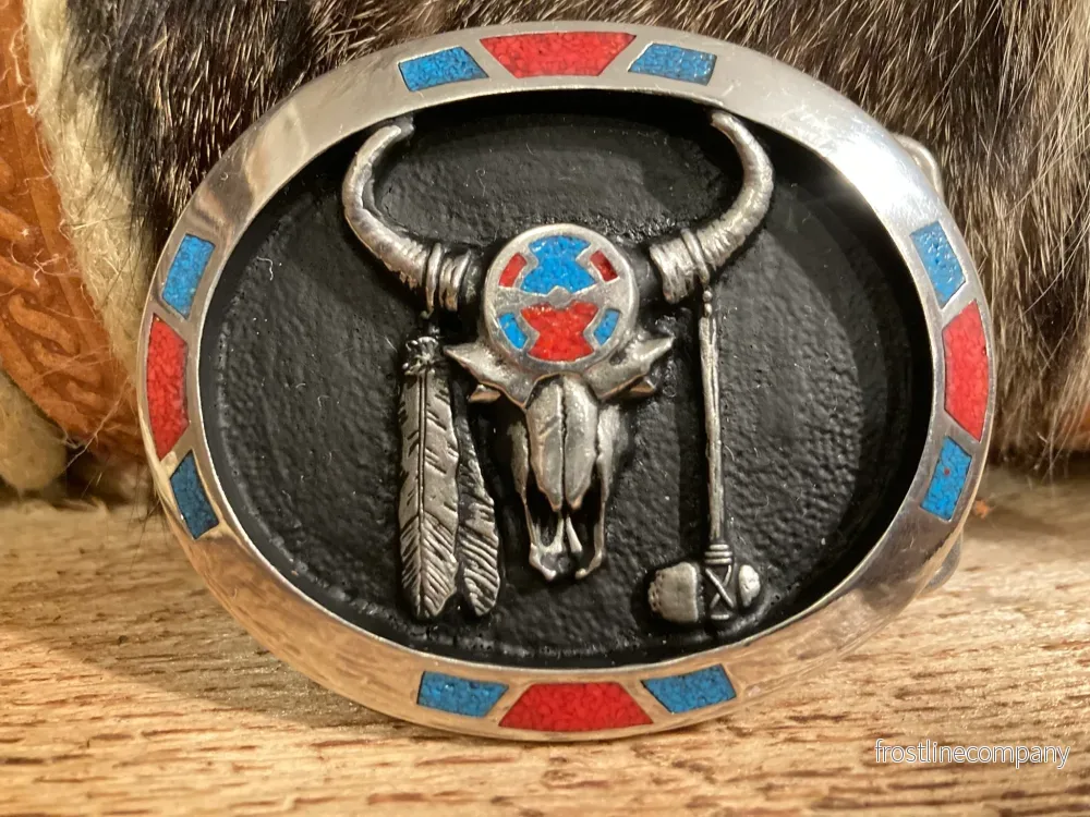 Belt Buckle Bison with Feathers