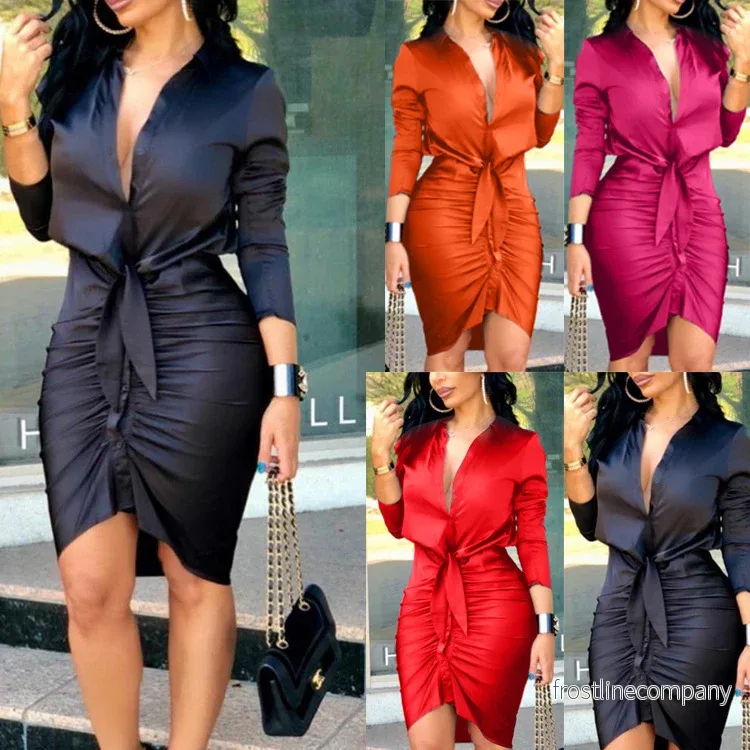 Skjortklänning Dam Satin – Lace-up Midi Klänning med Knyt – Lång Ärm – Elegant Fest