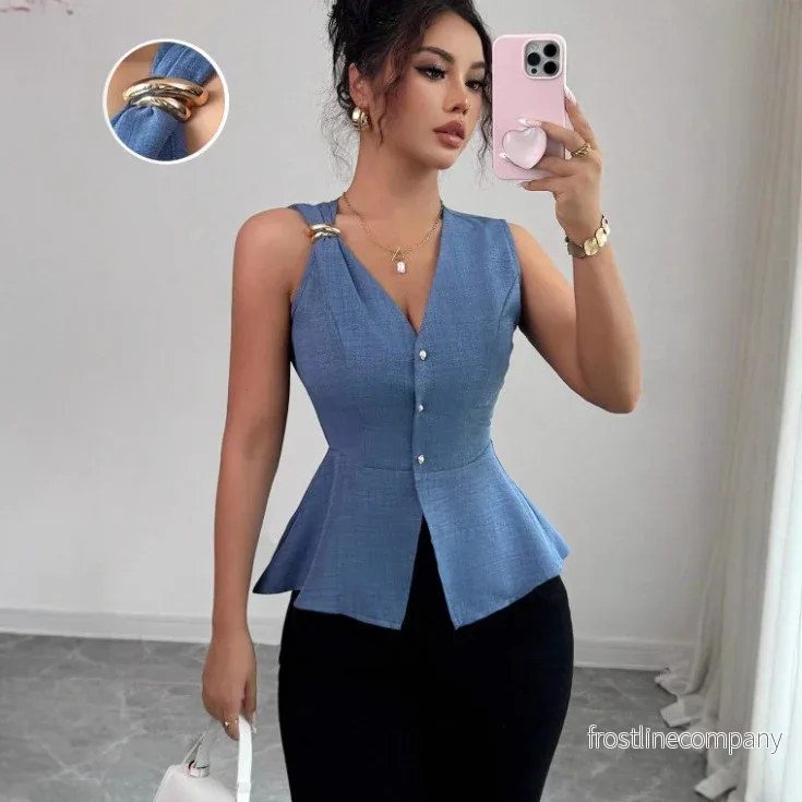 Elegant Peplum Topp Ärmlös V-ringad med Metallknappar – Blå / Beige Elegant Peplum Topp Ärmlös V-ringad med Metallknappar – Blå / Beige