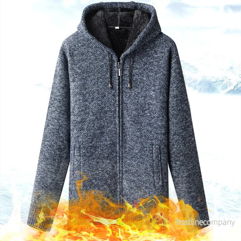Varm Stickad Hoodie med Luva – Fleecefodrad Oversize Herrtröja