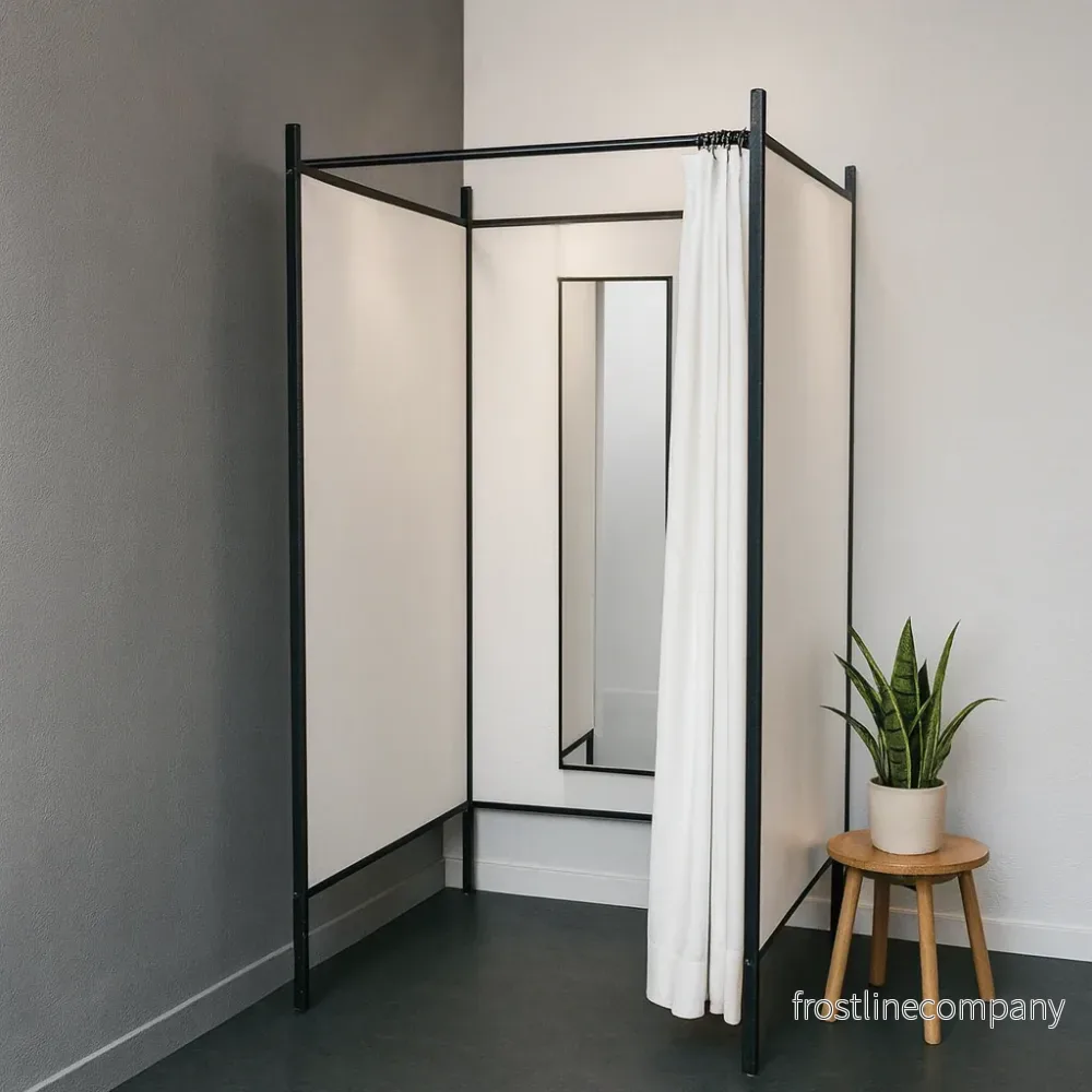 3-sidig provrum. Sæt med stel i sort, inkl. 1 hvidt forhæng, hvid plade. B 100 x D 100 x H 210 cm. 3-sidig provrum. Sæt med stel i sort, inkl. 1 hvidt forhæng, hvid plade. B 100 x D 100 x H 210 cm.