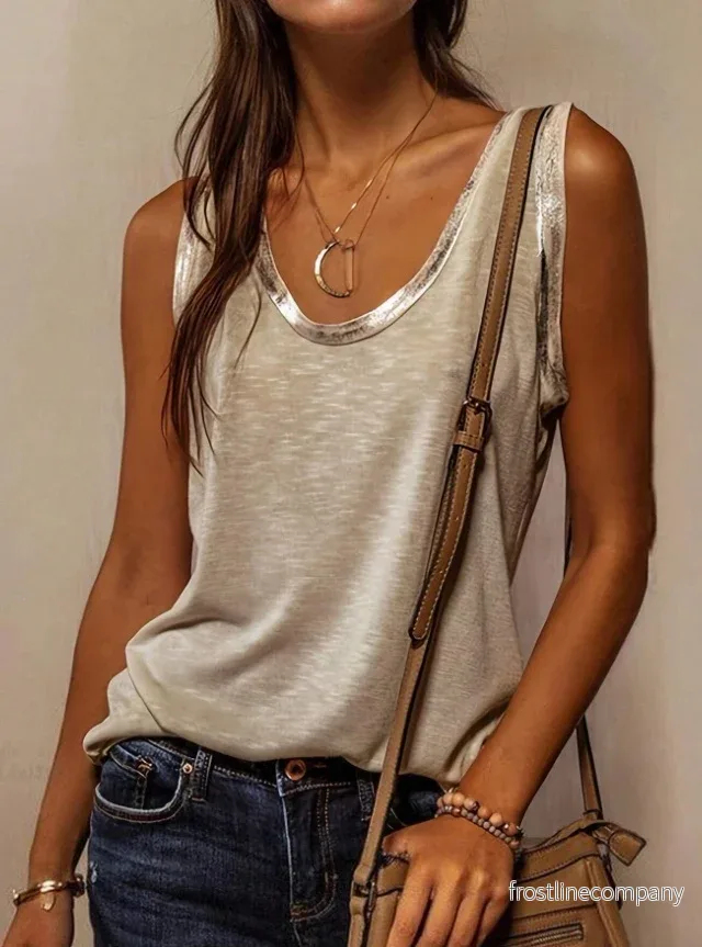 Lyxig Linne Topp Dam med Guldkant - Casual Tank Top Scoop Neck Grå Beige Sommar - Bild 3