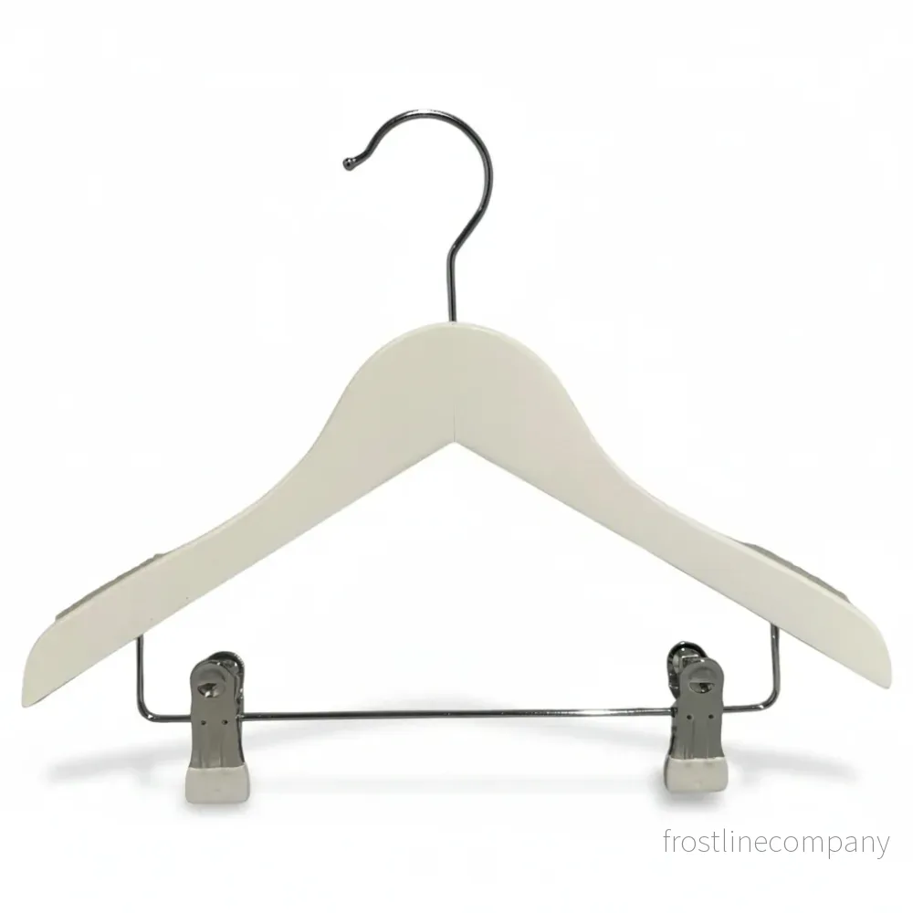 Trähängare, massiv, platt, junior, med klämma, vit, 32 cm