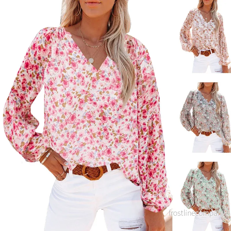 Blommig Blus Dam – Lantern Sleeve Blus med V-Ringning – Långärmad Chiffongblus – Rosa, Grön, Vit – S till 3XL