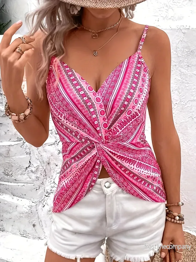 Twist Knot Linne - Boho Cami Top med Etnisk Print - Dam Sommartopp S-XXL - Bild 3