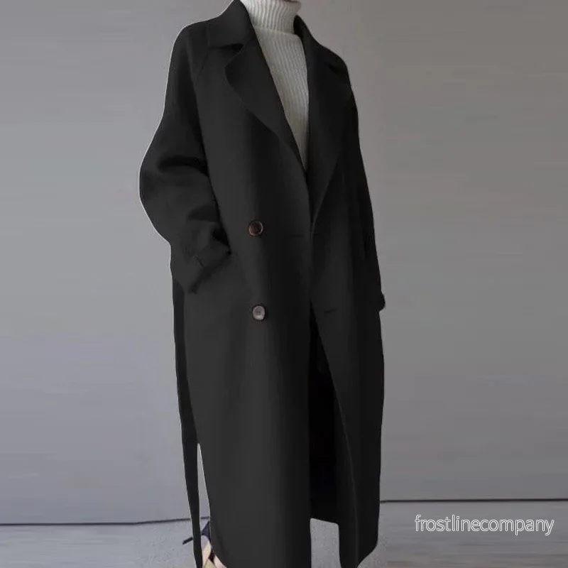 Lyxig Lång Kappa Dam Koreansk Stil - Dubbelknäppt Ullen Kappa Beige Svart Karamell - Bild 2